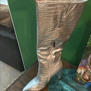 Silver Knee-High Croc-Embossed Women's Boots